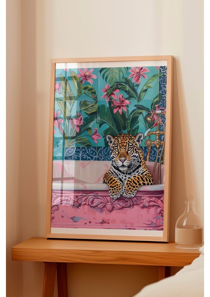 Ahşap Çerçeveli Tablo, Leopar, Çiçekli Duvar Kağıdı, Dijital Sanat Poster No: 106548 fiyatları