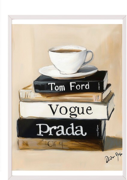 Beyaz Çerçeveli Tablo, Kahve ve Kitaplar, Vogue & Prada Detaylı, Akrilik Boya Poster No: 106132