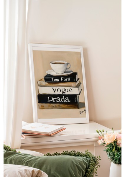 Beyaz Çerçeveli Tablo, Kahve ve Kitaplar, Vogue & Prada Detaylı, Akrilik Boya Poster No: 106132 fiyatları