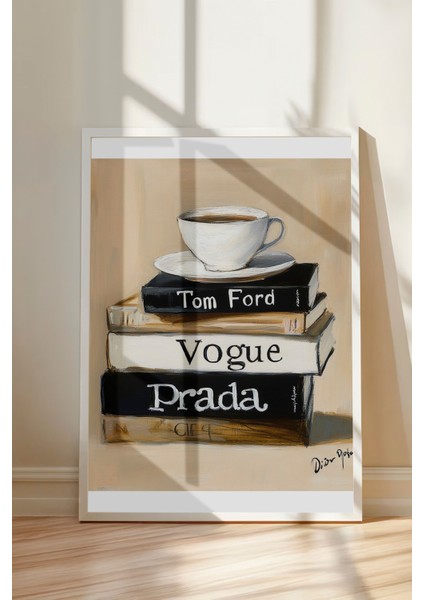 Beyaz Çerçeveli Tablo, Kahve ve Kitaplar, Vogue & Prada Detaylı, Akrilik Boya Poster No: 106132 modelleri