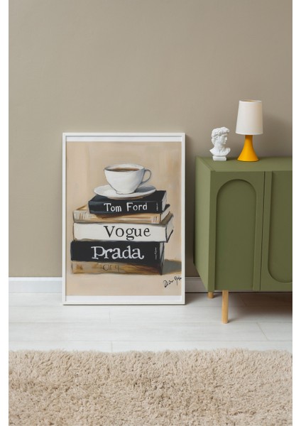 Beyaz Çerçeveli Tablo, Kahve ve Kitaplar, Vogue & Prada Detaylı, Akrilik Boya Poster No: 106132 fırsatları