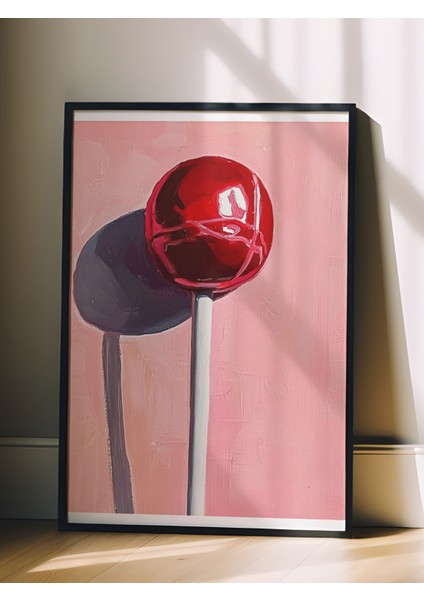 Siyah Çerçeveli Tablo, Kırmızı Lolipop, Pembe Arka Plan, Akrilik Boya Stil Poster No: 107255 fiyatları