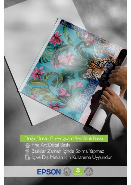 Ahşap Çerçeveli Tablo, Leopar, Çiçekli Duvar Kağıdı, Dijital Sanat Poster No: 106548