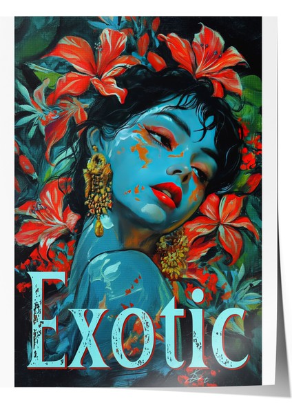 Çerçevesiz Poster, Kadın Portresi, Kırmızı Çiçekler ve Mavi Ten, Exotic Yazılı Poster No: 106584