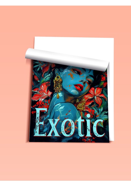 Çerçevesiz Poster, Kadın Portresi, Kırmızı Çiçekler ve Mavi Ten, Exotic Yazılı Poster No: 106584 fiyatları