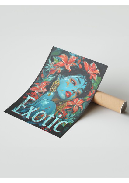 Çerçevesiz Poster, Kadın Portresi, Kırmızı Çiçekler ve Mavi Ten, Exotic Yazılı Poster No: 106584 modelleri