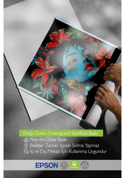 Çerçevesiz Poster, Kadın Portresi, Kırmızı Çiçekler ve Mavi Ten, Exotic Yazılı Poster No: 106584 indirimleri