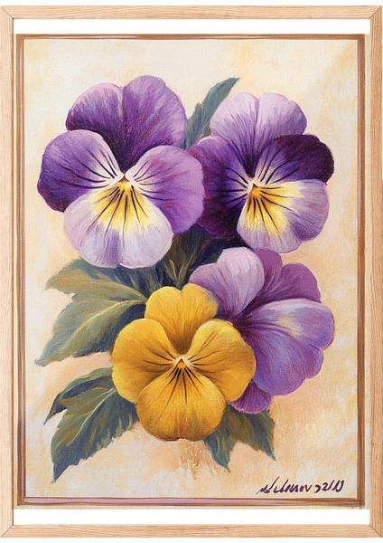 Ahşap Çerçeveli Tablo, Sarı Mor Menekşe, Botanik Çizim Poster No: 107422