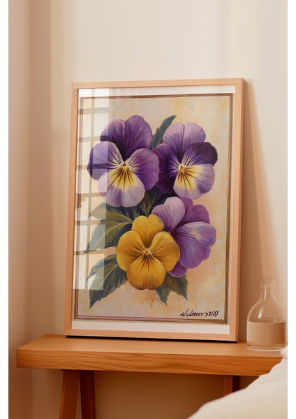Ahşap Çerçeveli Tablo, Sarı Mor Menekşe, Botanik Çizim Poster No: 107422 fiyatları