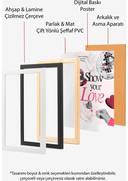 Siyah Çerçeveli Tablo, Show Your Love Tipografisi, Aşk Temalı Kolaj Poster No: 107631