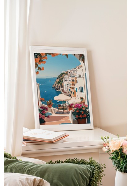 Beyaz Çerçeveli Tablo, Akdeniz Manzarası, Beyaz Evler ve Deniz, Tatil Temalı Poster No: 107276 fiyatları