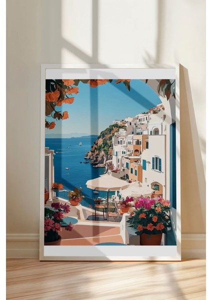 Beyaz Çerçeveli Tablo, Akdeniz Manzarası, Beyaz Evler ve Deniz, Tatil Temalı Poster No: 107276 modelleri