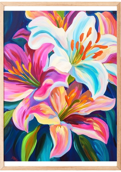 Ahşap Çerçeveli Tablo, Lilyum Çiçekleri, Canlı Renkler, Dijital Boyama Poster No: 107307