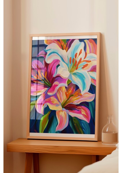 Ahşap Çerçeveli Tablo, Lilyum Çiçekleri, Canlı Renkler, Dijital Boyama Poster No: 107307 fiyatları