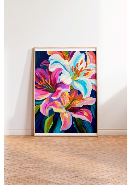 Ahşap Çerçeveli Tablo, Lilyum Çiçekleri, Canlı Renkler, Dijital Boyama Poster No: 107307 modelleri