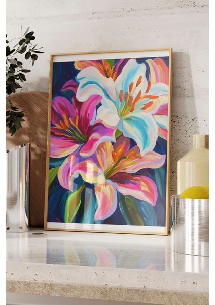 Ahşap Çerçeveli Tablo, Lilyum Çiçekleri, Canlı Renkler, Dijital Boyama Poster No: 107307 fırsatları