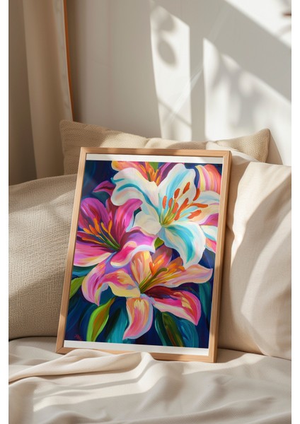 Ahşap Çerçeveli Tablo, Lilyum Çiçekleri, Canlı Renkler, Dijital Boyama Poster No: 107307 indirimleri