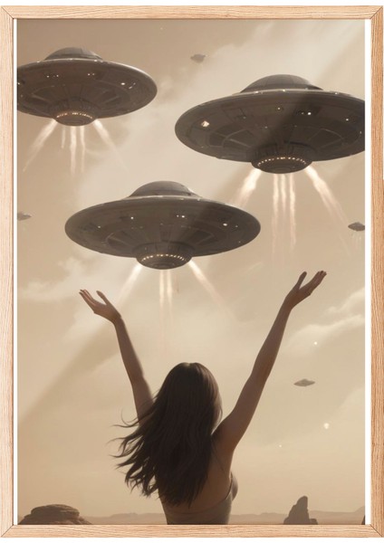 Ahşap Çerçeveli Tablo, Çölün Sessiz Tanığı – Retro Kadın ve Ufo Karşılaşması Poster No: 107487