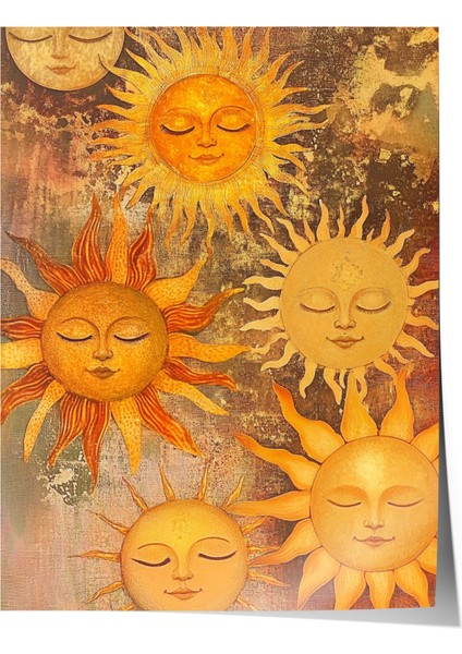 Çerçevesiz Poster, Güneş Yüzleri, Sarı Tonlarda Spiritüel Tasarım Poster No: 107439
