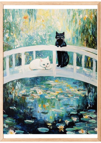 Ahşap Çerçeveli Tablo, Kedi ve Monet Tarzı Köprü, Empresyonist Stil Poster No: 107413