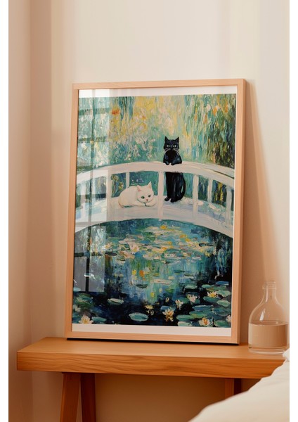 Ahşap Çerçeveli Tablo, Kedi ve Monet Tarzı Köprü, Empresyonist Stil Poster No: 107413 fiyatları