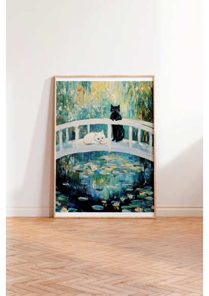 Ahşap Çerçeveli Tablo, Kedi ve Monet Tarzı Köprü, Empresyonist Stil Poster No: 107413 modelleri