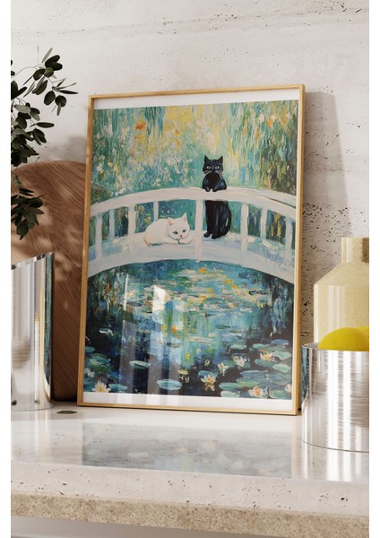 Ahşap Çerçeveli Tablo, Kedi ve Monet Tarzı Köprü, Empresyonist Stil Poster No: 107413 fırsatları