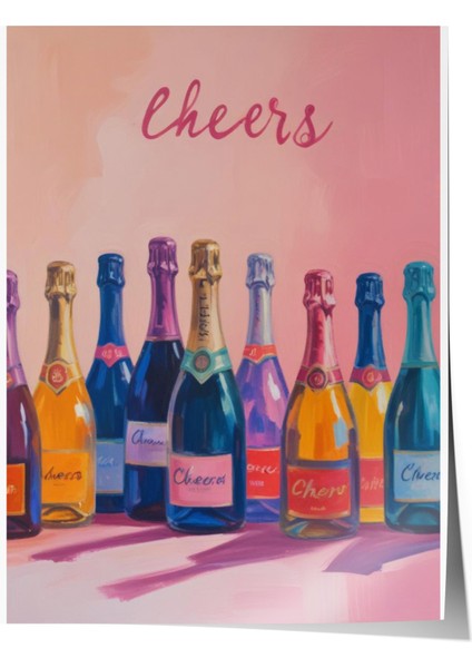 Çerçevesiz Poster, Şampanya Şişeleri, Cheers Yazısı ile Pastel Arka Plan Poster No: 107500