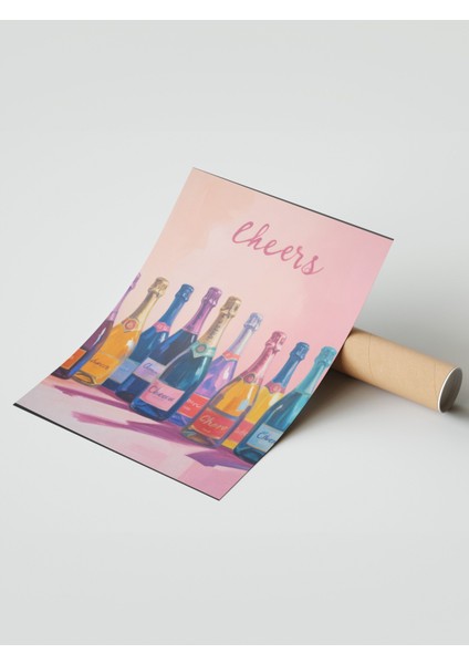 Çerçevesiz Poster, Şampanya Şişeleri, Cheers Yazısı ile Pastel Arka Plan Poster No: 107500 modelleri
