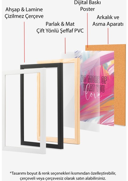 Ahşap Çerçeveli Tablo, Do More Of What You Love Yazısı, Renkli Fırça Efektleri Poster No: 107632