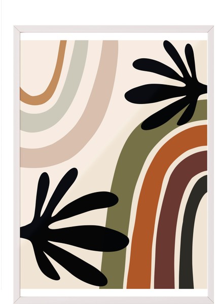 Beyaz Çerçeveli Tablo, Yaylı Renkli Gökkuşağı Deseni, Siyah Yapraklarla Poster No: 107949