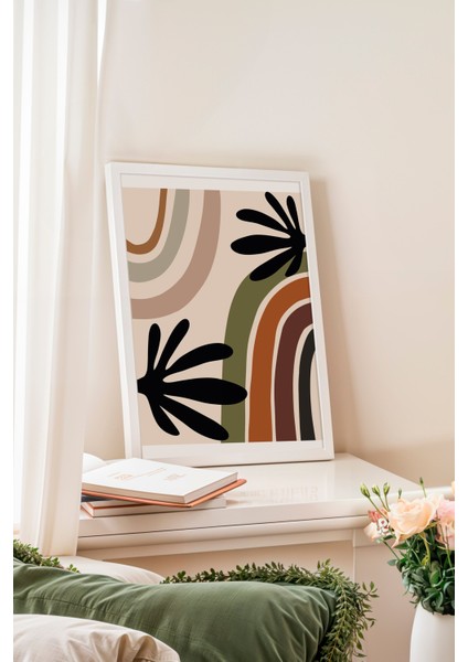 Beyaz Çerçeveli Tablo, Yaylı Renkli Gökkuşağı Deseni, Siyah Yapraklarla Poster No: 107949 fiyatları