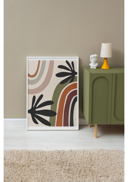 Beyaz Çerçeveli Tablo, Yaylı Renkli Gökkuşağı Deseni, Siyah Yapraklarla Poster No: 107949 fırsatları