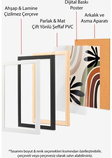 Beyaz Çerçeveli Tablo, Yaylı Renkli Gökkuşağı Deseni, Siyah Yapraklarla Poster No: 107949