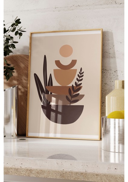 Ahşap Çerçeveli Tablo, Soyut Vazo ve Taşlar, Denge ve Estetik Tasarım Poster No: 107944 fırsatları