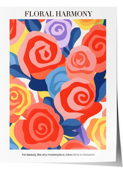 Çerçevesiz Poster, Renkli Güller, Floral Harmony Yazılı, Modern Grafik Poster No: 107615
