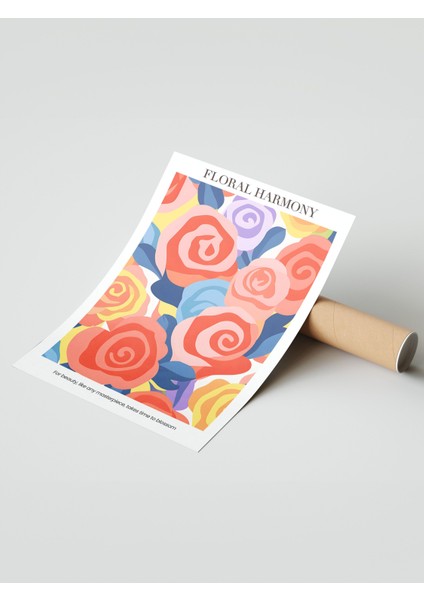Çerçevesiz Poster, Renkli Güller, Floral Harmony Yazılı, Modern Grafik Poster No: 107615 modelleri