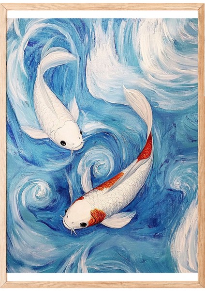 Ahşap Çerçeveli Tablo, Koi Balıkları, Mavi Dalgalar, Japon Stil Poster No: 107335