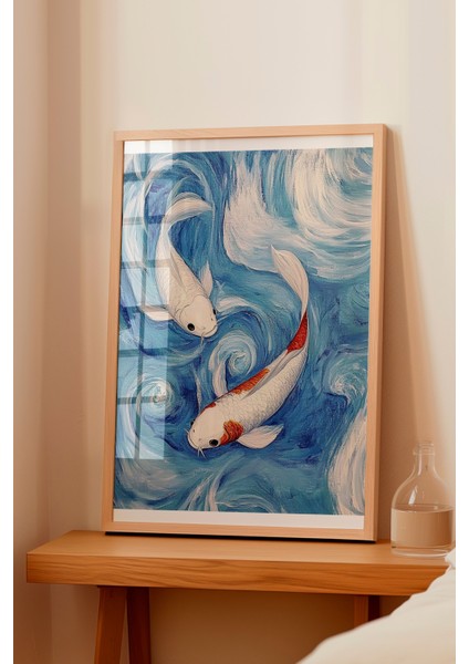 Ahşap Çerçeveli Tablo, Koi Balıkları, Mavi Dalgalar, Japon Stil Poster No: 107335 fiyatları