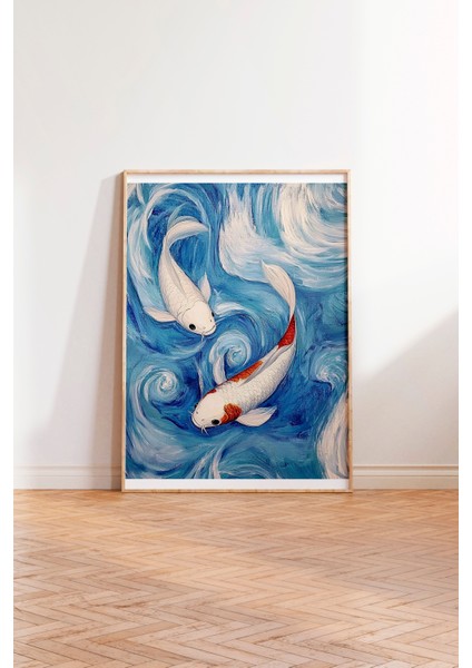 Ahşap Çerçeveli Tablo, Koi Balıkları, Mavi Dalgalar, Japon Stil Poster No: 107335 modelleri
