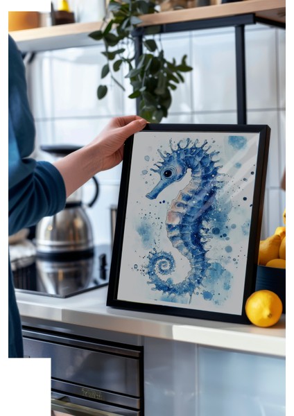 Siyah Çerçeveli Tablo, Denizatı, Su Renkleriyle Çizilmiş, Mavi Tonlar Poster No: 107271 modelleri