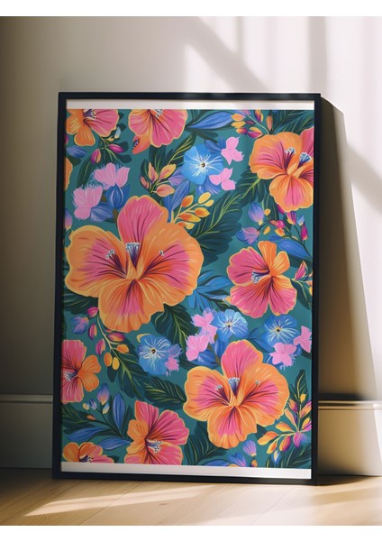 Siyah Çerçeveli Tablo, Çiçek Deseni, Renkli Tropikal Stil Poster No: 107382 fiyatları
