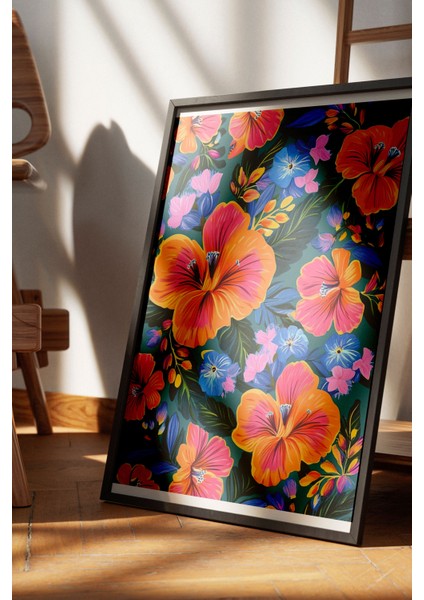 Siyah Çerçeveli Tablo, Çiçek Deseni, Renkli Tropikal Stil Poster No: 107382 fırsatları