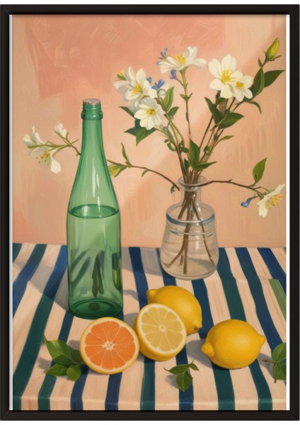 Siyah Çerçeveli Tablo, Cam Şişeler, Çiçek ve Limon Detayı, Pastel Arka Plan Poster No: 107519