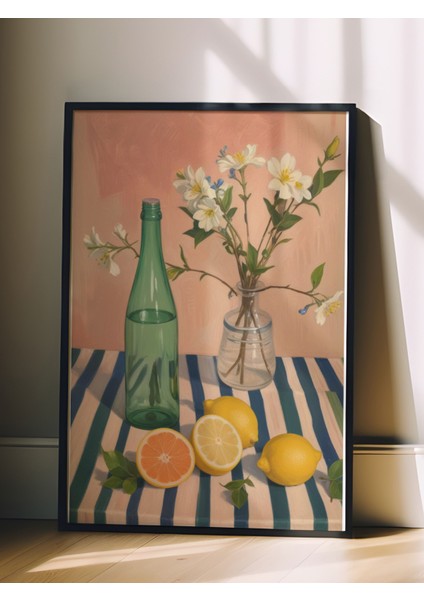 Siyah Çerçeveli Tablo, Cam Şişeler, Çiçek ve Limon Detayı, Pastel Arka Plan Poster No: 107519 fiyatları