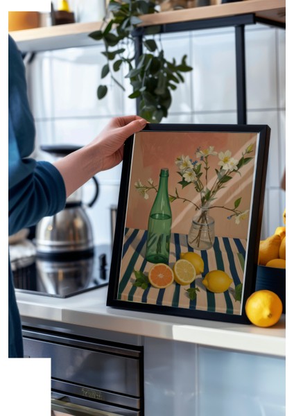 Siyah Çerçeveli Tablo, Cam Şişeler, Çiçek ve Limon Detayı, Pastel Arka Plan Poster No: 107519 modelleri