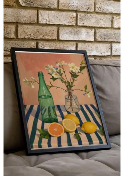 Siyah Çerçeveli Tablo, Cam Şişeler, Çiçek ve Limon Detayı, Pastel Arka Plan Poster No: 107519 indirimleri