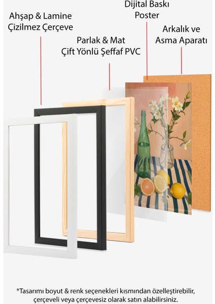 Siyah Çerçeveli Tablo, Cam Şişeler, Çiçek ve Limon Detayı, Pastel Arka Plan Poster No: 107519