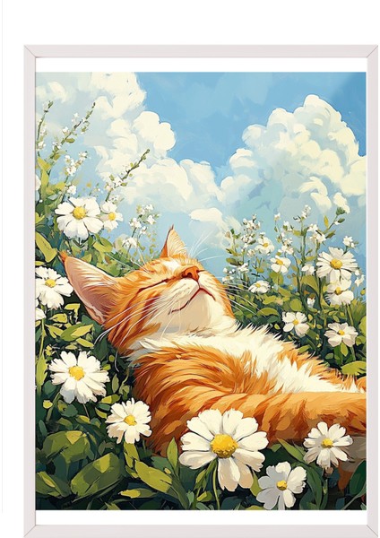 Beyaz Çerçeveli Tablo, Papatyalar Arasında Yatan Kedi, Bahar Havası Poster No: 107346
