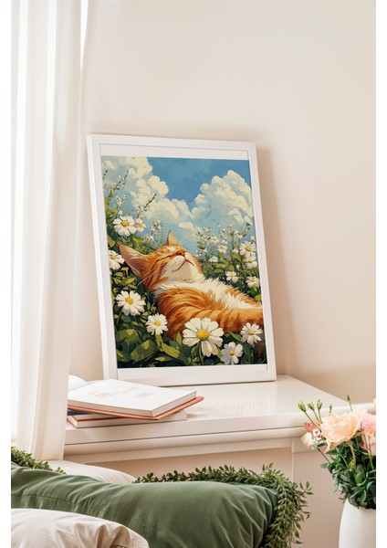 Beyaz Çerçeveli Tablo, Papatyalar Arasında Yatan Kedi, Bahar Havası Poster No: 107346 fiyatları